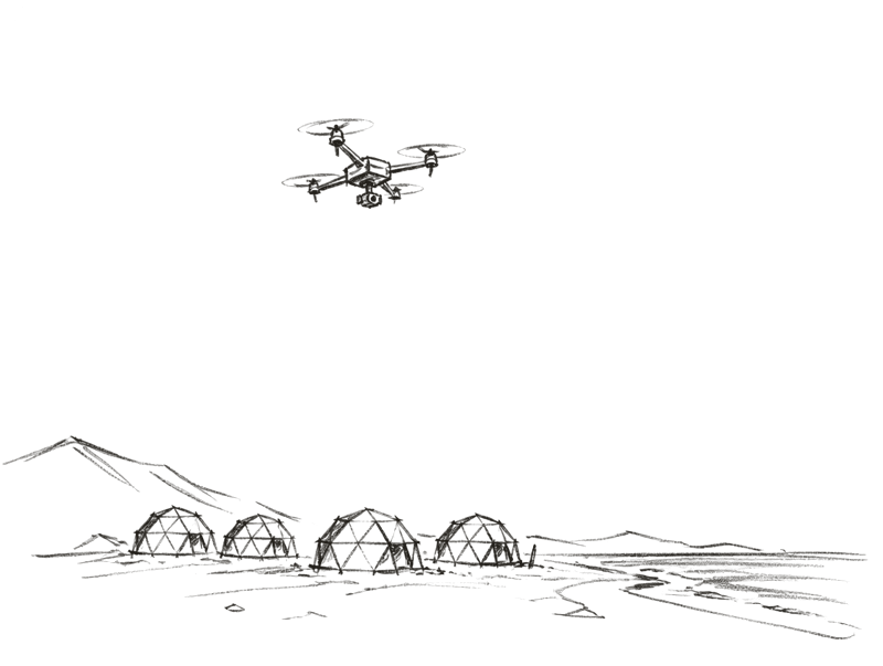 a quick sketch of a drone hovering over a row of dome tents