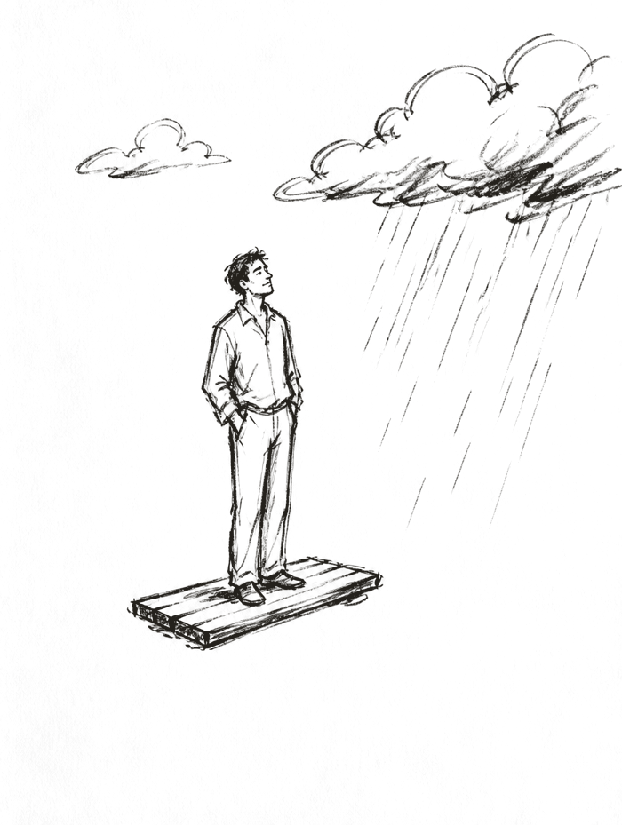 a quick sketch of a man standing on a plank while weather passes beside him