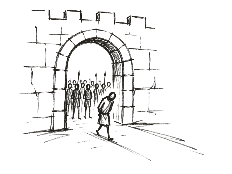 a quick sketch of a lone figure walked out through a city gate