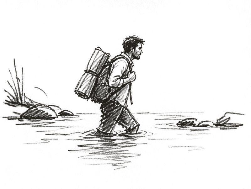 a quick sketch of a man wading a river with a tent on his back
