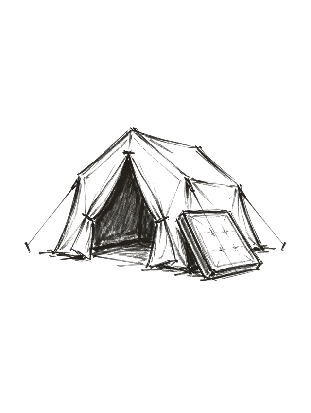 a quick charcoal sketch of a tent with a mattress flipped beside it