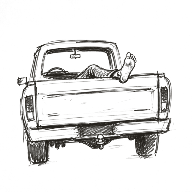 a quick sketch of a pickup truck with a foot up over the tailgate