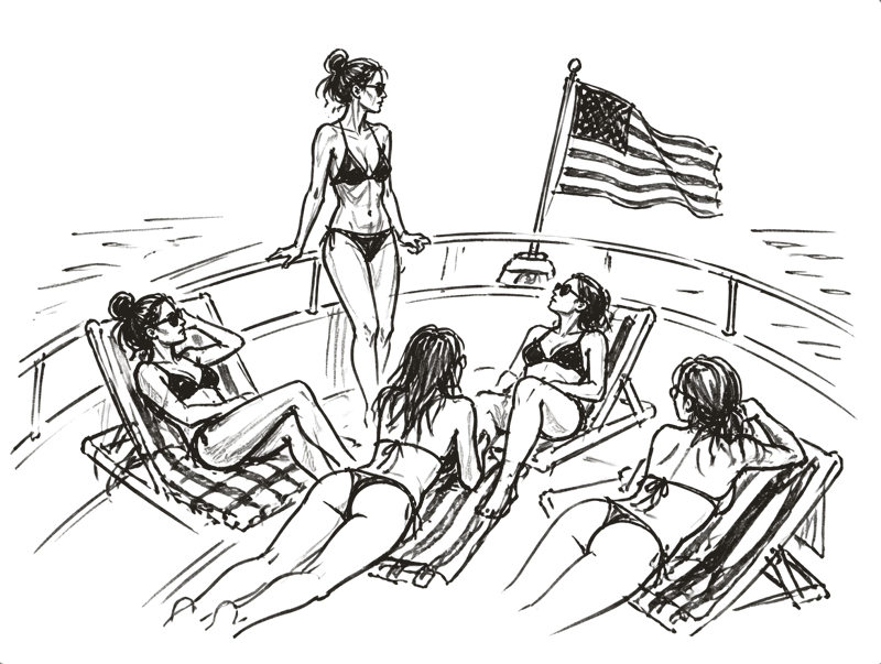 a quick sketch of five women lounging on a yacht under an american flag